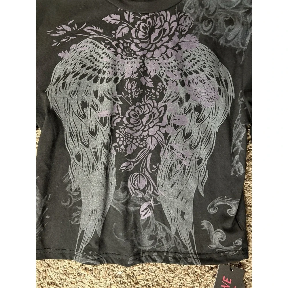 Romwe Affliction Casual Long Sleeve Small Feather Wing Stretchy Women Black - Picture 3 of 7